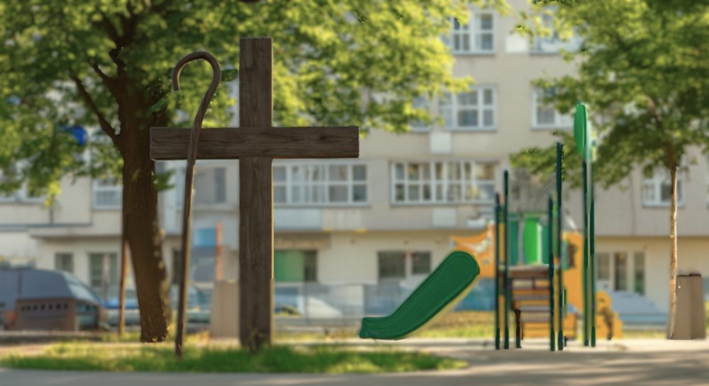 Cross and Staff by city playground