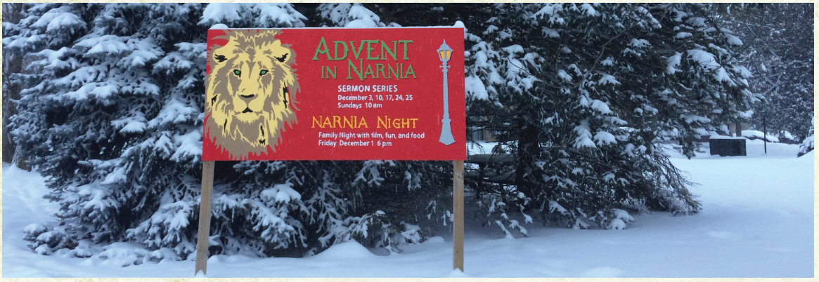 Billboard with description of Narnia series and invitation