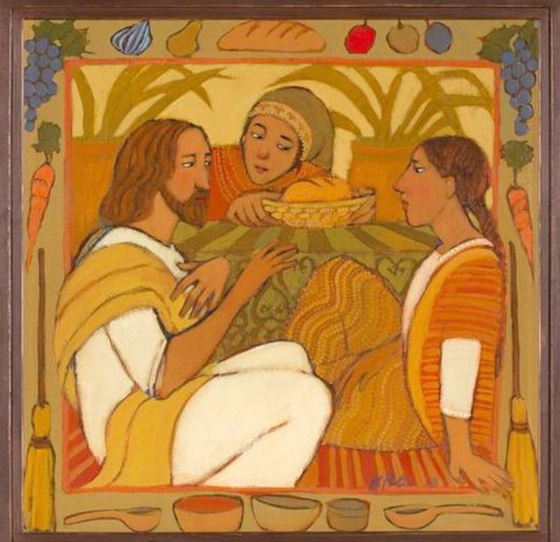 Peterson, Kathleen. Mary, Martha and Jesus, from Art in the Christian Tradition, a project of the Vanderbilt University Divinity Library, Nashville, TN. https://act.library.vanderbilt.edu/artworks/56572. Original source: Kathleen Peterson, https://www.kathleenpetersonart.com.