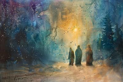 Three figures walking toward a bright star