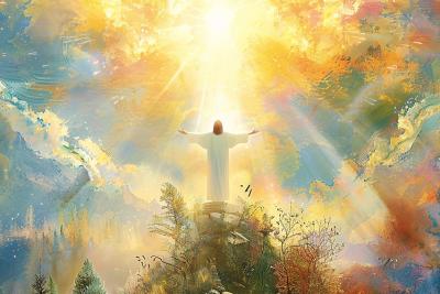 Jesus' arms stretched wide in the sunlight