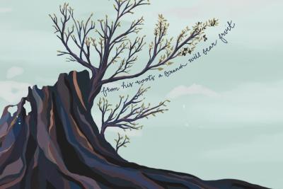 A branch grows from a seemingly dead stump