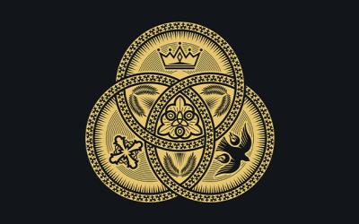 Three interlocking circles with symbols representing the three persons of the Trinity
