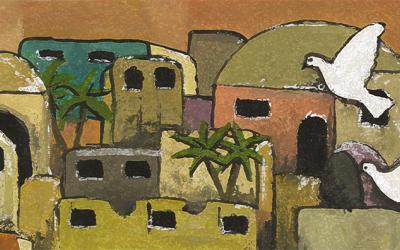 illustration of Bethlehem with two white doves flying in the foreground