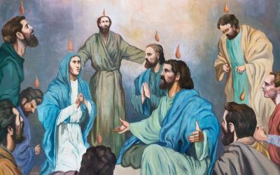 SEBECHLEBY, SLOVAKIA - OKTOBERT 8, 2022: The fresco of Pentecost in St. Michael parish church by Plekanec from 20. cent.