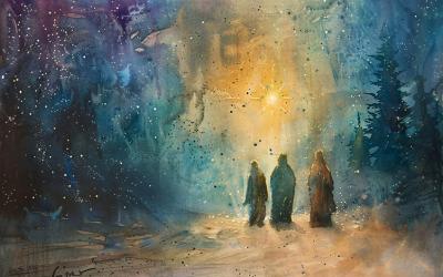 Three figures walking toward a bright star