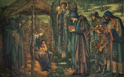 Wise men bringing gifts to baby Jesus