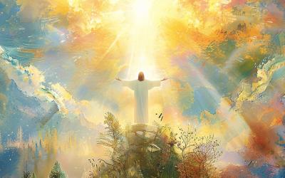 Jesus' arms stretched wide in the sunlight