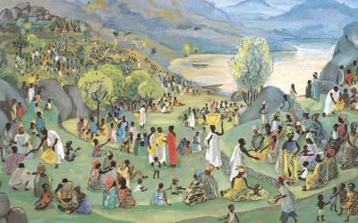 JESUS MAFA. Jesus multiplies the loaves and fish, from Art in the Christian Tradition, a project of the Vanderbilt University Divinity Library, Nashville, TN. https://act.library.vanderbilt.edu/artworks/48287 [retrieved September 10, 2026]. Original source: http://www.librairie-emmanuel.fr (contact page: https://www.librairie-emmanuel.fr/contact).