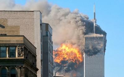 UA Flight 175 hits WTC south tower on 9-11. Robert J. Fisch derivative work: upstateNYer, CC BY-SA 2.0 <https://creativecommons.org/licenses/by-sa/2.0>, via Wikimedia Commons