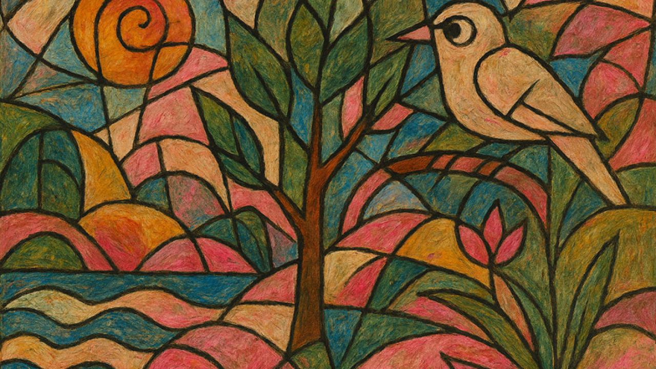 Abstract image of a bird, tree, flower, water and sun