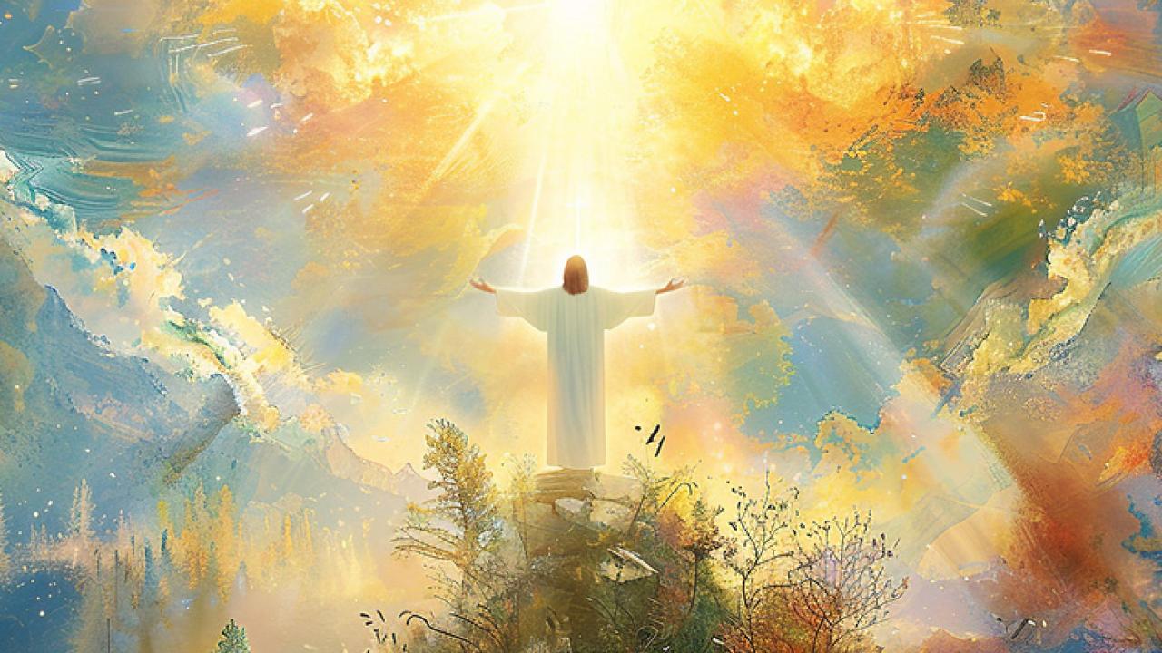 Jesus' arms stretched wide in the sunlight