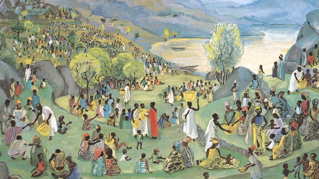 JESUS MAFA. Jesus multiplies the loaves and fish, from Art in the Christian Tradition, a project of the Vanderbilt University Divinity Library, Nashville, TN. https://act.library.vanderbilt.edu/artworks/48287 [retrieved September 10, 2026]. Original source: http://www.librairie-emmanuel.fr (contact page: https://www.librairie-emmanuel.fr/contact).