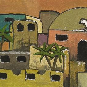 illustration of Bethlehem with two white doves flying in the foreground