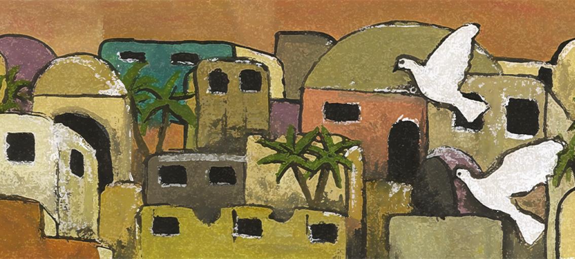 illustration of Bethlehem with two white doves flying in the foreground