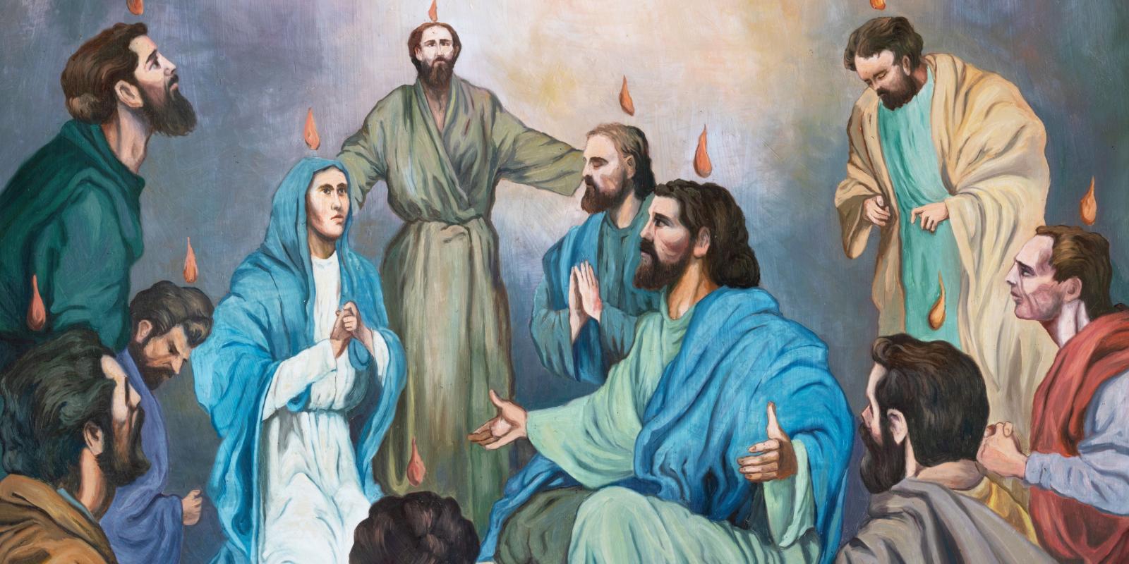 SEBECHLEBY, SLOVAKIA - OKTOBERT 8, 2022: The fresco of Pentecost in St. Michael parish church by Plekanec from 20. cent.