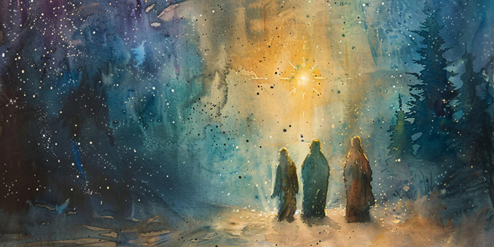 Three figures walking toward a bright star